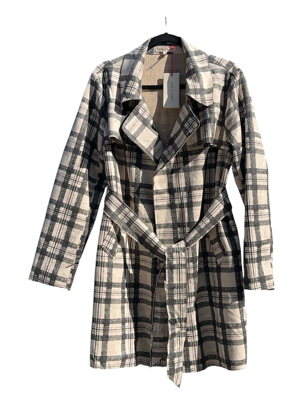 Solitaire Black & Cream Plaid Belted Trench Coat